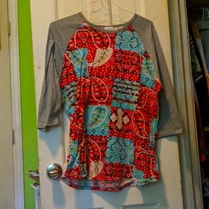 LulaRoe Red and Blue Color Block Gray Sleeves Floral Paisley Shirt